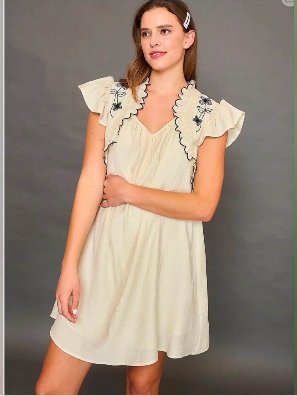 Umgee Cream Flutter-Sleeve V-Neck Dress with Scallop Embroidery